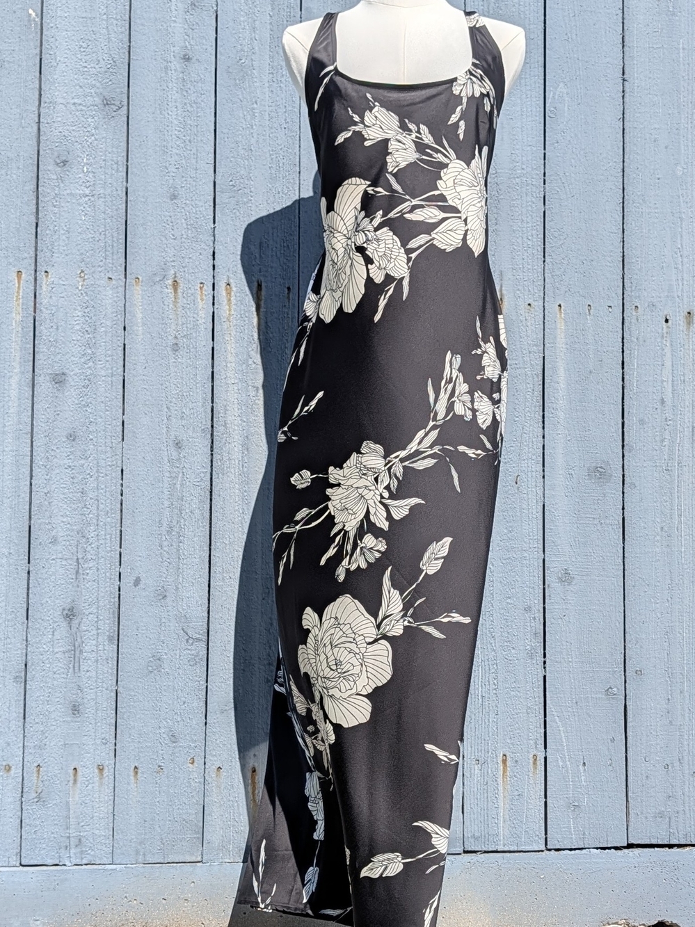 NWT A New Day Black Floral Satin Slip Maxi Dress Side Slit Size Small